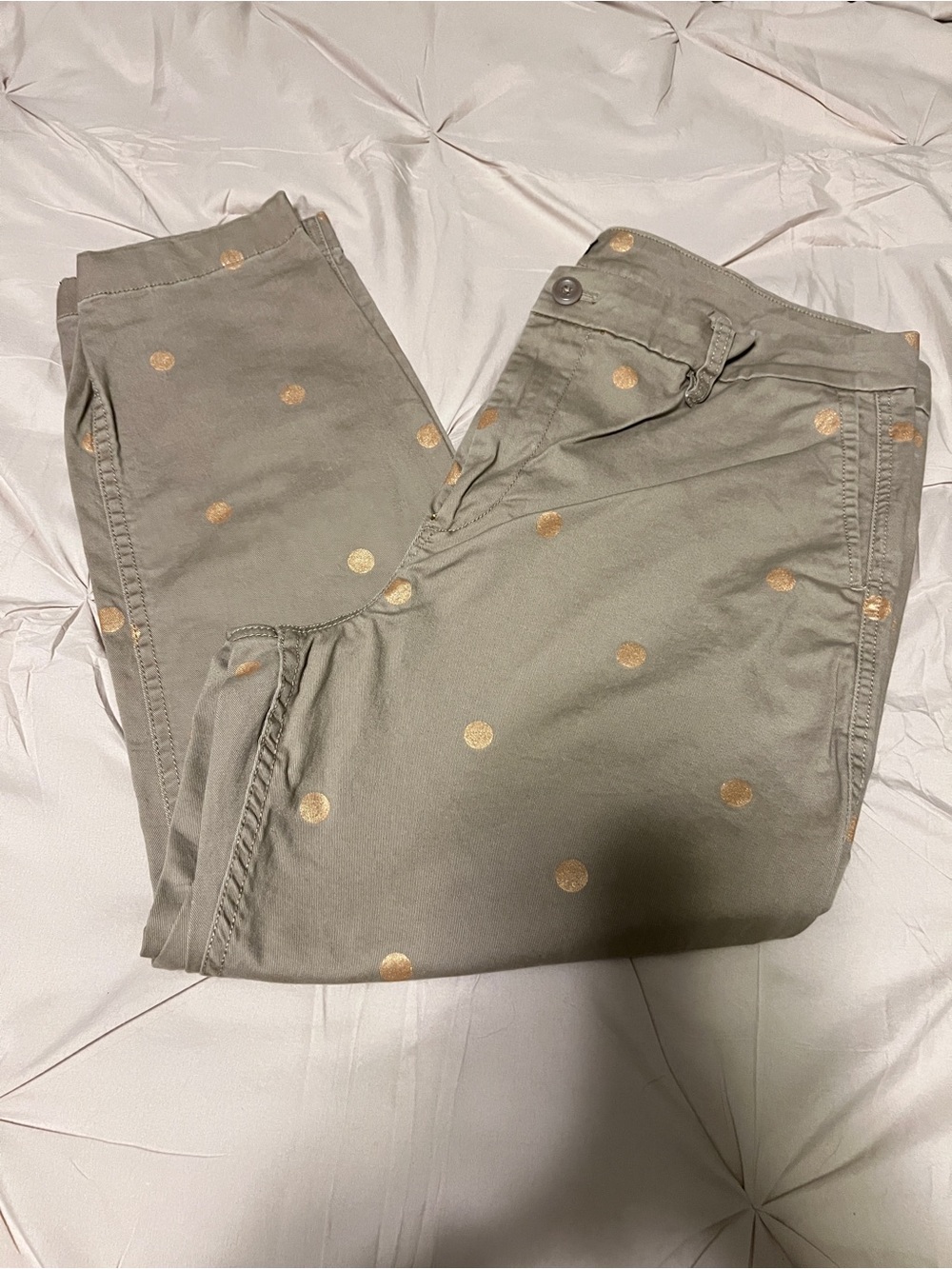 J. Crew Tan Straight Leg Pants with Gold Polka Dots